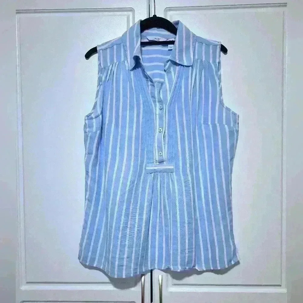 Denim & Co. Womens Medium Blouse Collar Sleeveless Stripe Blue & White